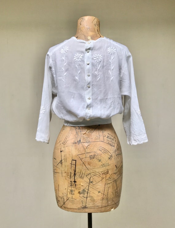 Antique Edwardian White Cotton Blouse with Floral… - image 3