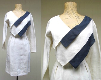 Vintage 1980s Salvatore Ferragamo Sculptural Linen Dress, 80s Ivory and Navy Minimalist Avant Garde Dress, Small 34" Bust