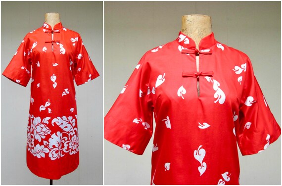 Vintage 1960s Hawaiian Dress, 60s Red White Cotton