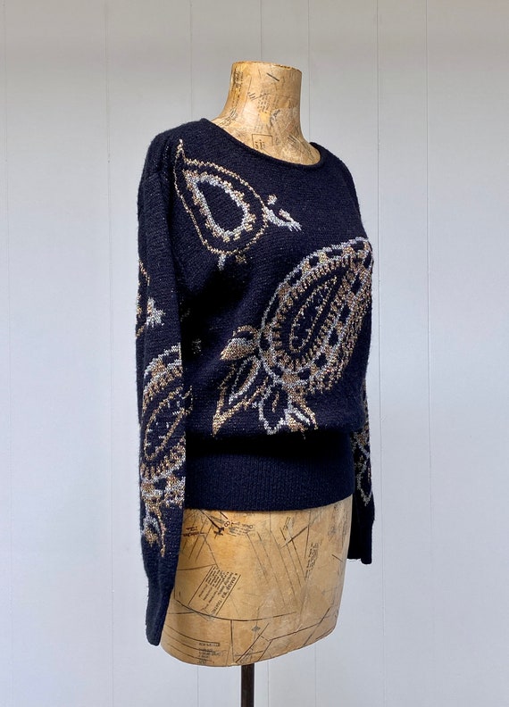 Vintage 1980s Paisley Sweater, 80s Black w/Metall… - image 3