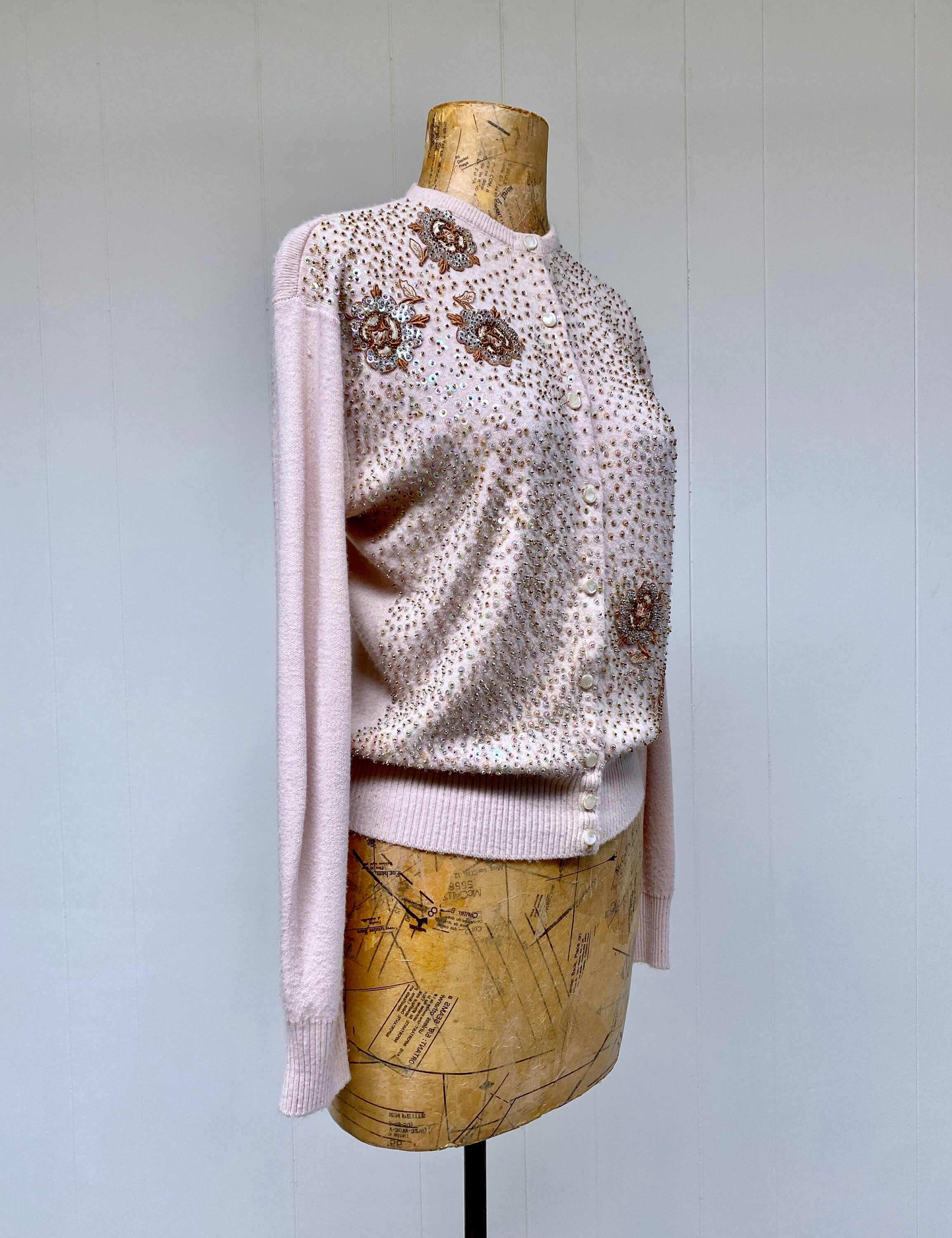 Vintage 1960s Fancy Beaded Cardigan, 60s Beige Acrylic Vintage 1960s Fancy Beaded Cardigan, 60s Beige Acrylic