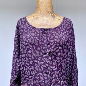 Vintage 1990s HARARI Drop-Waist Purple Paisley Rayon Dress, Loose-Fit Tea Length One Size up to 44 Bust, VFG image 7