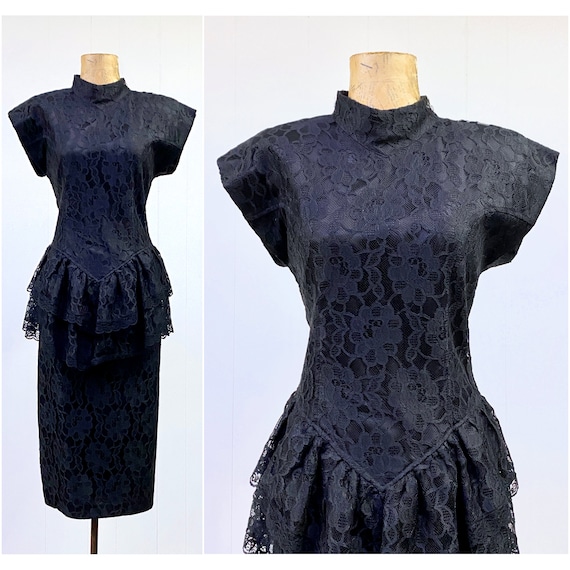 1980s Vintage Black Lace Party Dress, 80s Goth Dr… - image 1