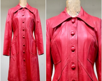 Vintage 1960s Mod Red Leather Coat, 60s Crimson A-Line Topcoat, Mid-Century Outerwear, Made in Hong Kong, Extra Small 34" Bust, VFG