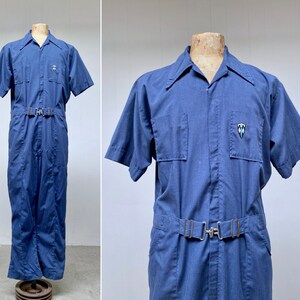 Vintage 1970s Short Sleeve Belted Coveralls, 70s Blue Cotton-Poly Customode Jumpsuit, Utility Work Wear, Leisure Suit, Large 48 Chest, VFG image 1