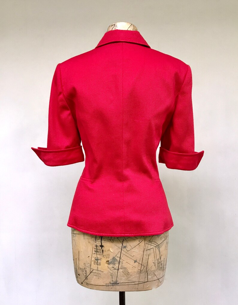 Vintage 1990s Short Sleeve Blazer, Red Cotton Piqué Fitted Hourglass Jacket, Structured I. Magnin Top, Medium 38 Bust, Size 10, VFG image 4