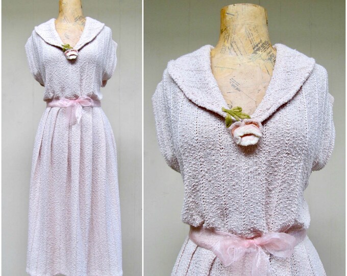 Vintage 1950s Knit Dress, 50s Shell Pink Acrylic Boucle Mid-century ...