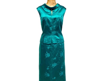 Vintage 1960s Emerald Silk Satin Jacquard Top and Skirt Set, Mid-Century Bespoke Ensemble, Medium, VFG