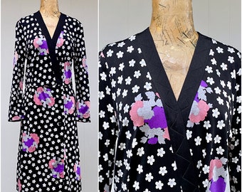 Vintage 1970s Hanae Mori Jersey Wrap Dress, Black and White Floral V Neck Shift, Tokyo Designer, Medium 36" Bust, VFG