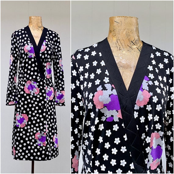 Vintage 1970s Hanae Mori Jersey Wrap Dress, Black… - image 1