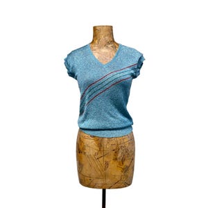 Vintage 1970s Glam Rock Lurex Knit Top, Sexy Rebel Rebel Blue Metallic Cap Sleeve V Neck Pullover, Small to Medium, VFG