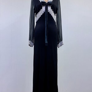 Vintage 1960s Black Empire Waist Maxi w/Guipure Lace, 60s Goth Prom Dress, Polyester Jersey Gown, Small 36 Bust image 5