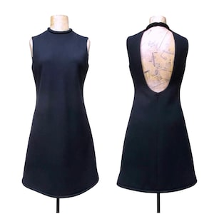 Vintage 1960s Pierre Cardin Space Age Dress, 60s Mod Designer Shift, A Line Black Wool w/Tubular Collar and Hem, Cut-Out Back, Small, VFG