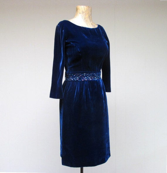 Vintage 1960s Blue Velvet Party Dress, 60s Jewele… - image 3