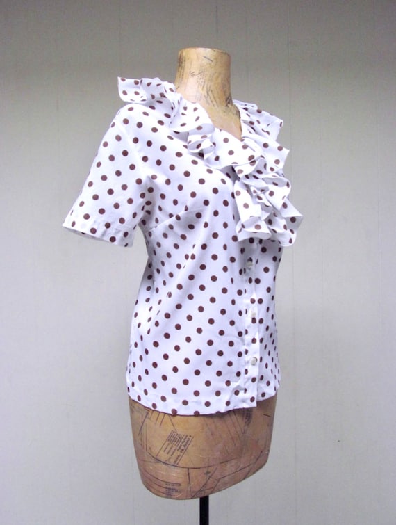 Vintage 1960s Polkadot Blouse, White Nylon Crepe … - image 3