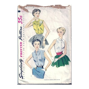 May include: Vintage Simplicity printed sewing pattern featuring three sleeveless blouse designs. The pattern shows illustrations of the blouses in yellow, white, and striped fabric. The pattern is marked "35c" and includes the Simplicity logo.