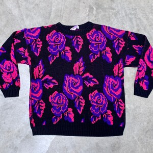 Vintage 1980s Slouchy Dark Floral Sweater, Black Pink Purple Metallic Roses Pullover, New Wave Acrylic Novelty Knit, 44 Bust Medium, VFG image 8