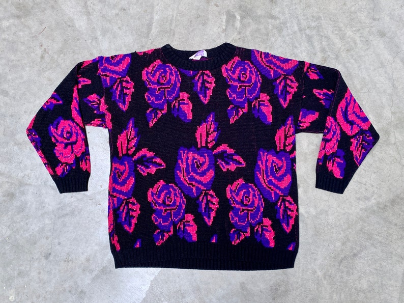 Vintage 1980s Slouchy Dark Floral Sweater, Black Pink Purple Metallic Roses Pullover, New Wave Acrylic Novelty Knit, 44 Bust Medium, VFG image 8