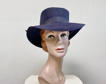 Vintage 1940s Navy Stetson Fedora, 40s Film Noir Femme Fatale Style, WW2 Era Blue Fur Felt, S/M Size, VFG