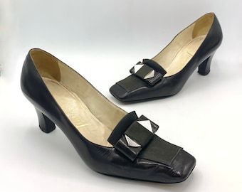 Vintage 1960s Mod Pumps, 60s Black Italian Leather Heels, Mid Century Square Toe Finezza Shoes, Size 7 1/2 US, VFG