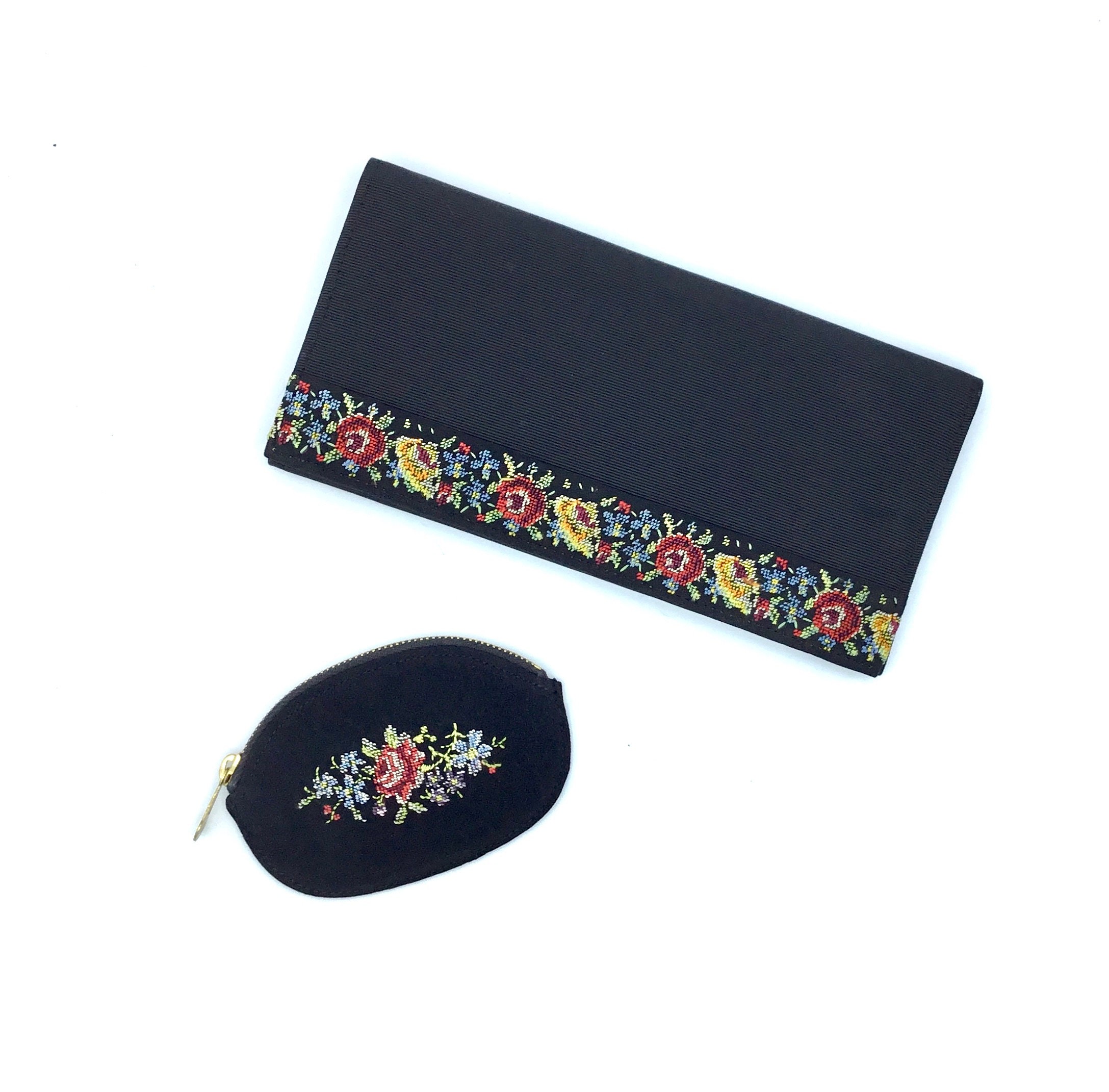 Vintage 1960s Black Floral Petit Point Clutch, Mid-Century Faille Fabric Evening Bag W/Matching Coin Purse, VFG
