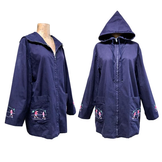 Grenfell, Rare Vintage 1960s Grenfell Handicrafts Hand Embroidered Parka, 60s Blue Zip Front All Weather Jacket, Made in Newfoundland, 42" Bust, VFG