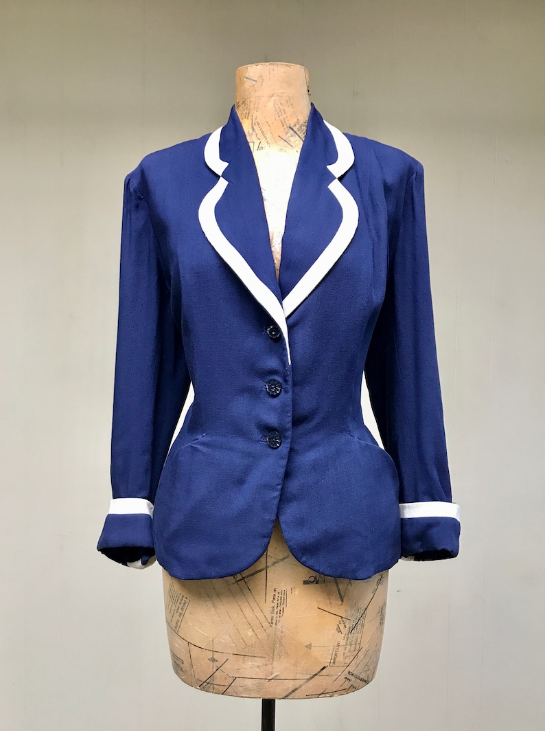 Navy BlueIvory Fitted Hourglass Jacket Medium 40 Bust Vintage 1950s Rayon Jacket Girl Friday New Look Blazer