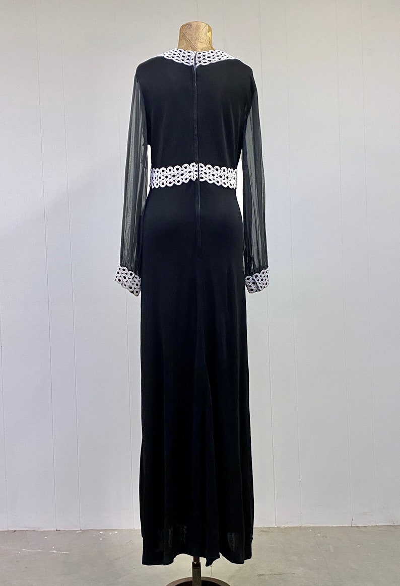 Vintage 1960s Black Empire Waist Maxi w/Guipure Lace, 60s Goth Prom Dress, Polyester Jersey Gown, Small 36 Bust image 4