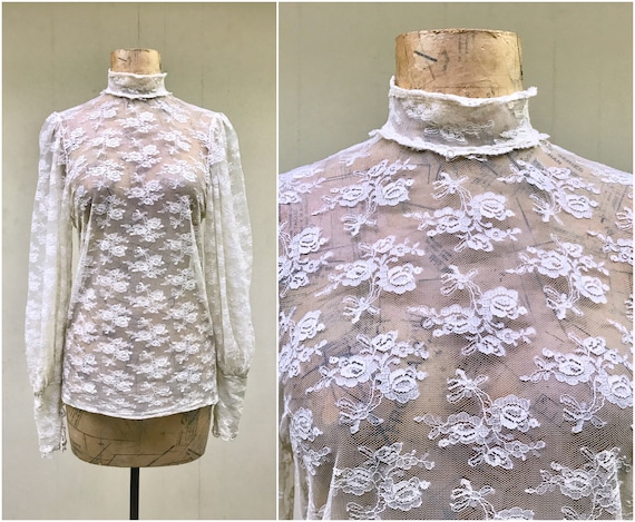 Vintage 1970s Ivory Lace Victorian Collar Blouse,