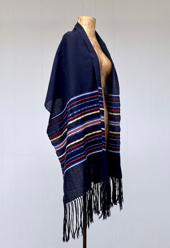 Vintage 1960s Black Wool Fringed Shawl, Striped E… - image 3