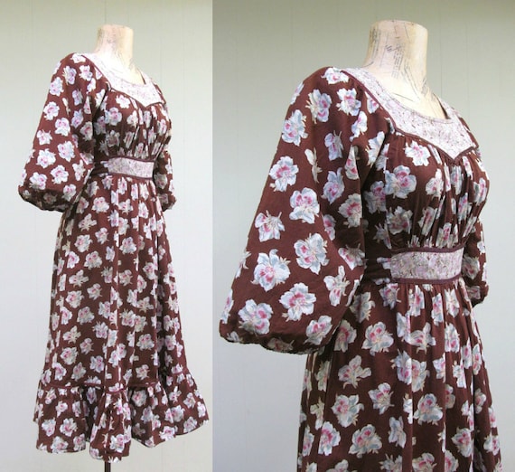 Vintage 1970s Brown Floral Cotton Day Dress, 70s … - image 3