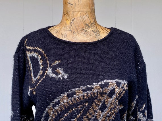 Vintage 1980s Paisley Sweater, 80s Black w/Metall… - image 5