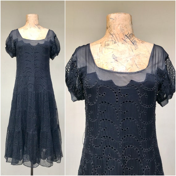 Vintage 1930s Black Silk Eyelet Lace Dress With Puffed Sleeves | Etsy