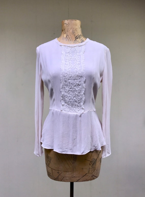 Vintage 1990s Ivory Crepe Lace Peplum Blouse, 90s… - image 5