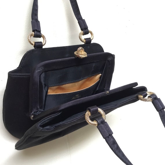 Vintage 1950s Black Satin Handbag, 50s Formal Top… - image 5