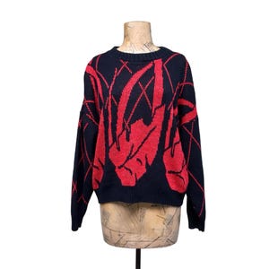 Vintage 1980s Slouchy Sweater, Novelty Knit, Black w/ Red Metallic Leaf Pattern Acrylic Pullover, 46" Bust Medium, VFG