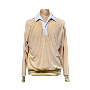 Vintage 1970s Beige Velour Leisure Shirt, 70s Long Sleeve Casual Pullover, XXL 52&quot; Chest, VFG