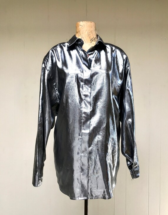 Vintage 1980s Metallic Anne Klein Blouse, 80s Liqu