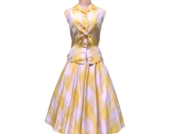 Vintage 1950s Silk Circle Skirt and Blouse Set, 50s Yellow White Plaid Shirtwaist Rockabilly Picnic Outfit, Small, VFG