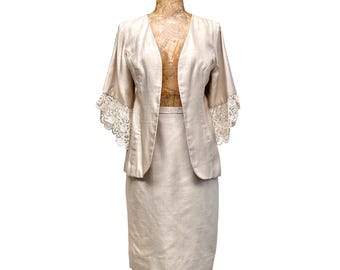 Vintage 1960s Beige Silk Shantung Skirt Suit, 60s Mother of the Bride Cocktail Suit, Small, VFG