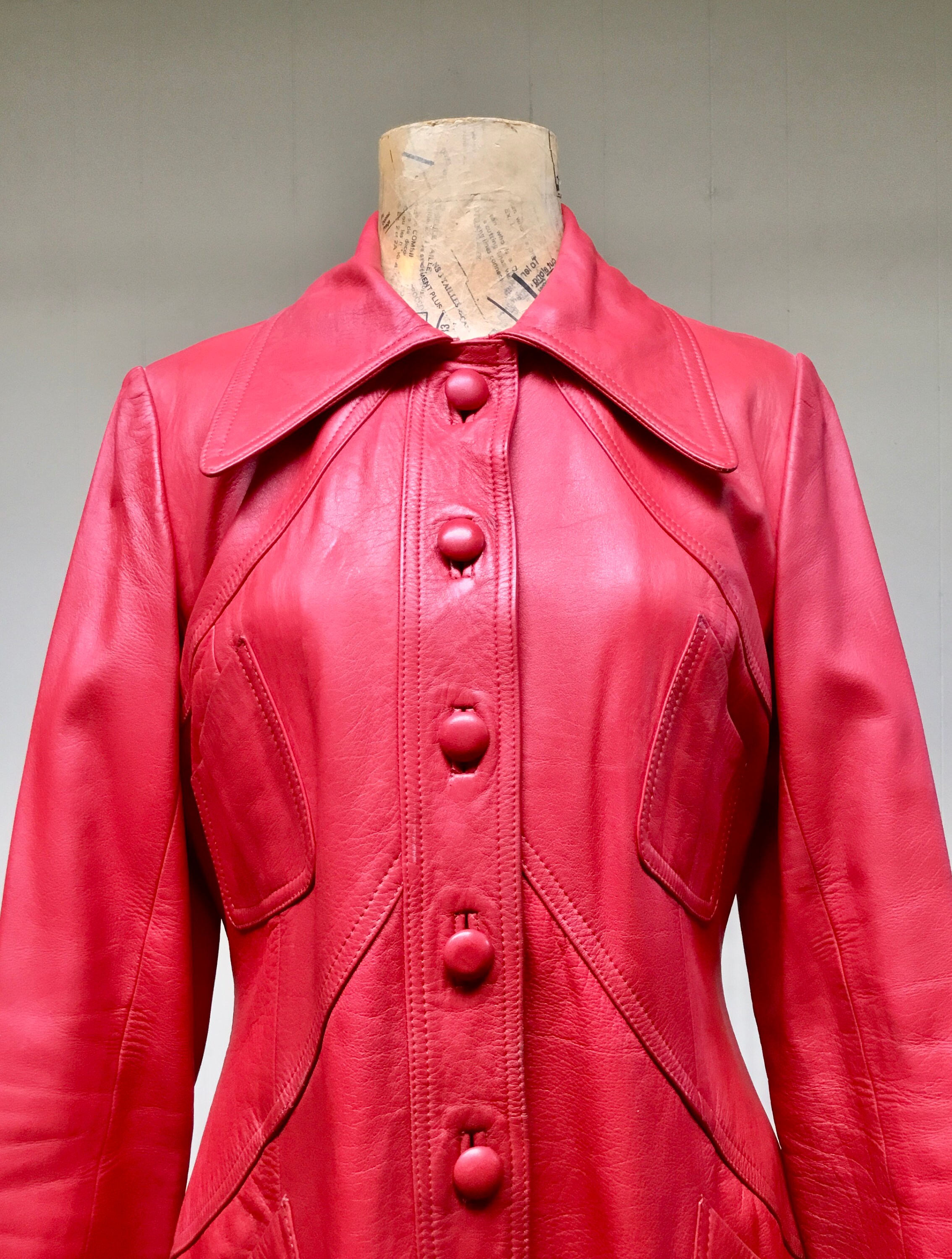 Vintage 1960s Mod Red Leather Coat, 60s Crimson A-line