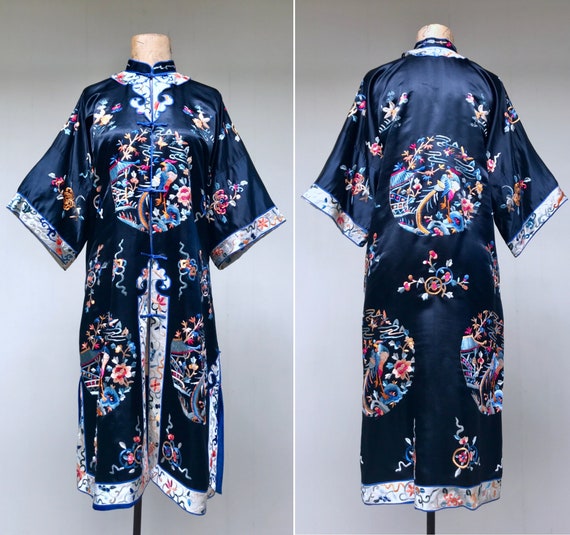 Rare Antique 1920s-30s Chinese Surcoat, Black Sil… - image 1
