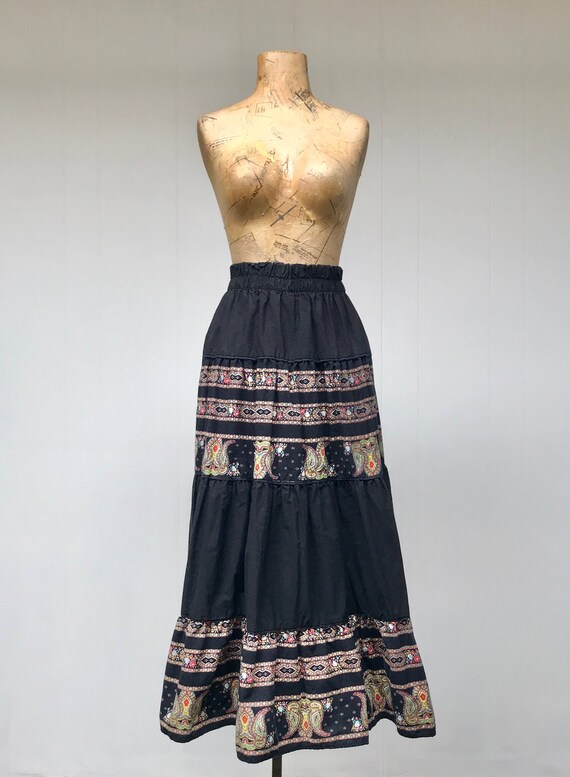 Vintage 1980s Peasant Maxi Skirt, Black Cotton Pa… - image 3