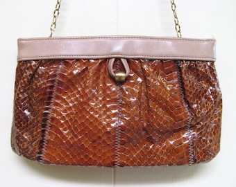 Vintage 1970s Brown Genuine Snakeskin Purse, 70s Margolin Glam Rock Convertible Shoulder Bag to Clutch, VFG