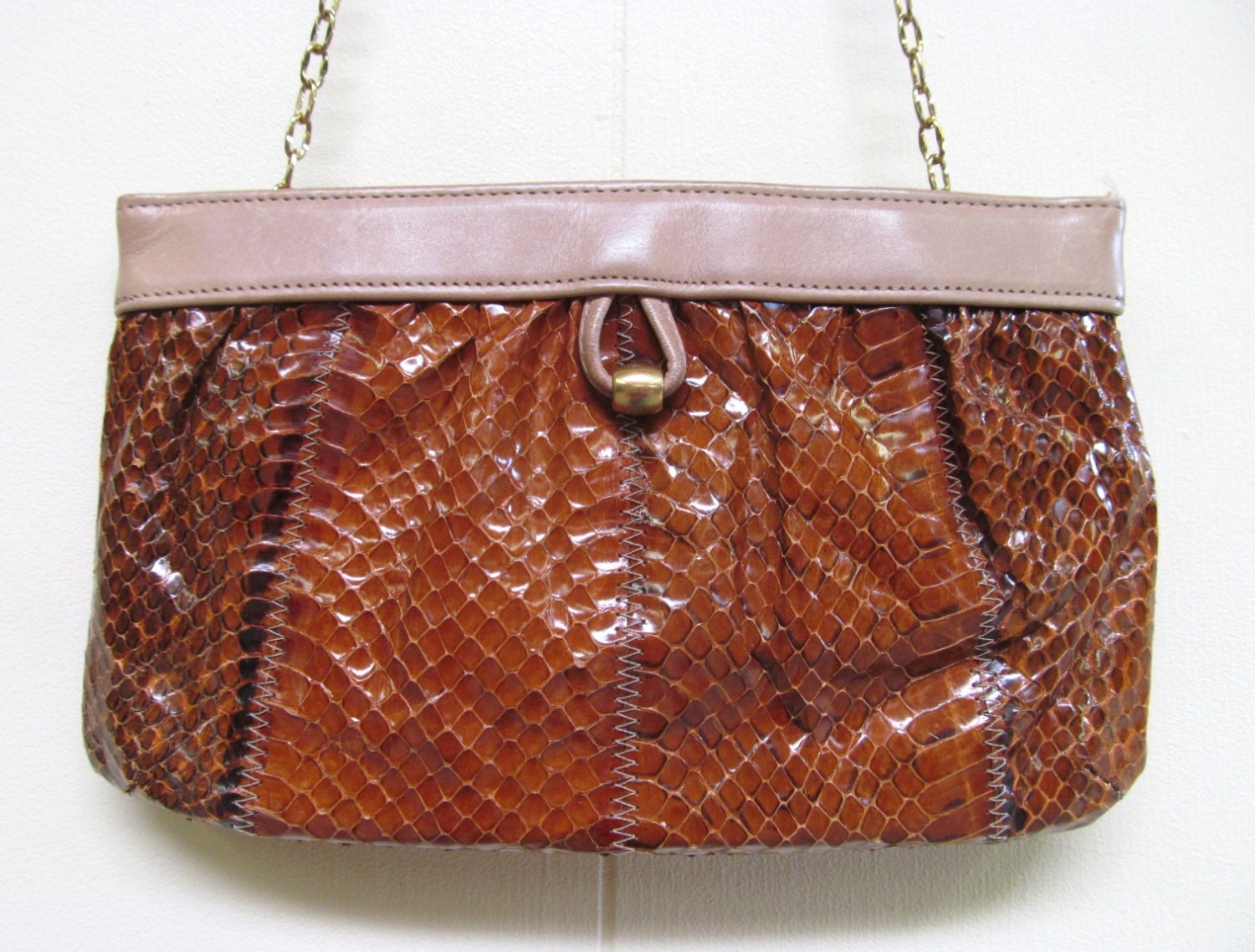 Vintage 1970s Brown Genuine Snakeskin Purse 70s Margolin Glam Rock Convertible Shoulder Bag to Clutch VFG