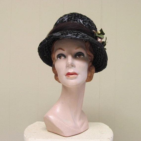 Vintage 1960s Mod Black Cello Straw Bubble Hat wi… - image 4