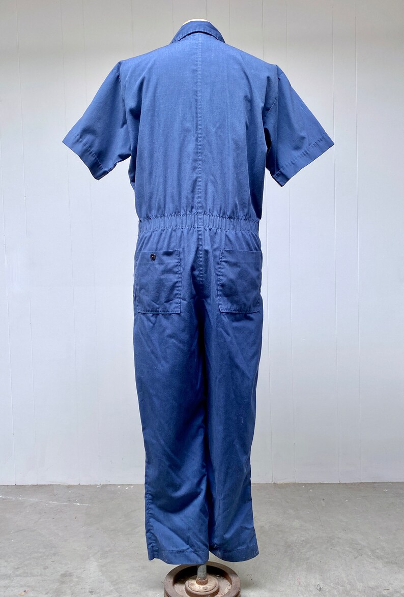 Vintage 1970s Short Sleeve Belted Coveralls, 70s Blue Cotton-Poly Customode Jumpsuit, Utility Work Wear, Leisure Suit, Large 48 Chest, VFG image 4