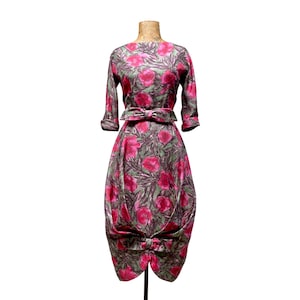 Vintage 1950s Floral Silk Bubble Dress, 50s Dramatic Tailored Cocktail Dress by Murray Schneider, Mid-Century Frock, Small 34&quot; Bust, VFG