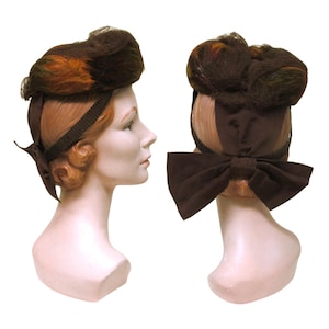 Vintage 1940s Feather Hat, 40s Tilt Hat, 40s Earthtone Feather Toque, 40s Feather Pillbox with Bow, VFG