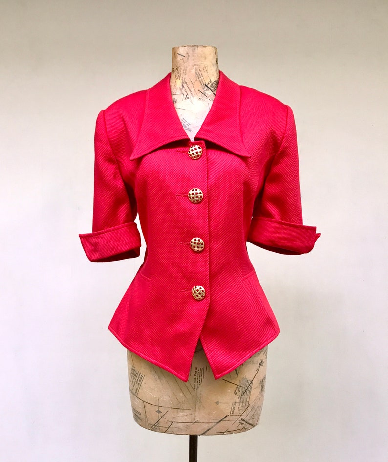 Vintage 1990s Short Sleeve Blazer, Red Cotton Piqué Fitted Hourglass Jacket, Structured I. Magnin Top, Medium 38 Bust, Size 10, VFG image 5